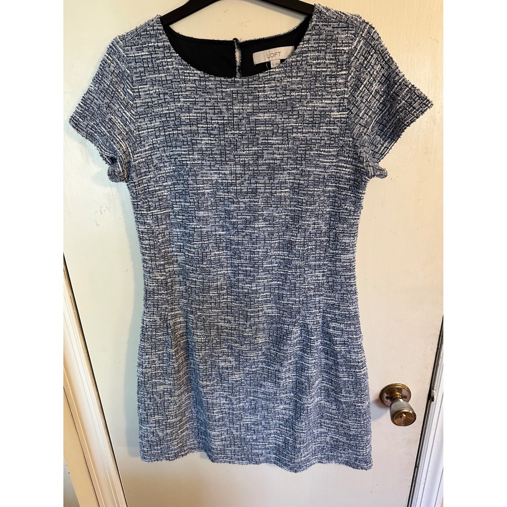 LOFT Womens Blue White Tweed Short Sleeve Shift Dress Back Cutout Size‎ 8